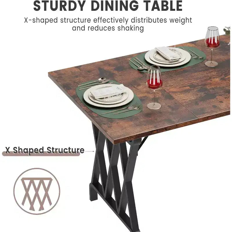 Grande table à manger industrielle de 180 cm pour 4 à 6 personnes, avec pieds métalliques robustes, pieds métalliques géométriques et plateau en bois épais, pour la maison et le bureau
