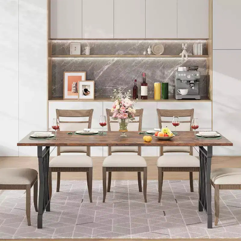 Grande table à manger industrielle de 180 cm pour 4 à 6 personnes, avec pieds métalliques robustes, pieds métalliques géométriques et plateau en bois épais, pour la maison et le bureau