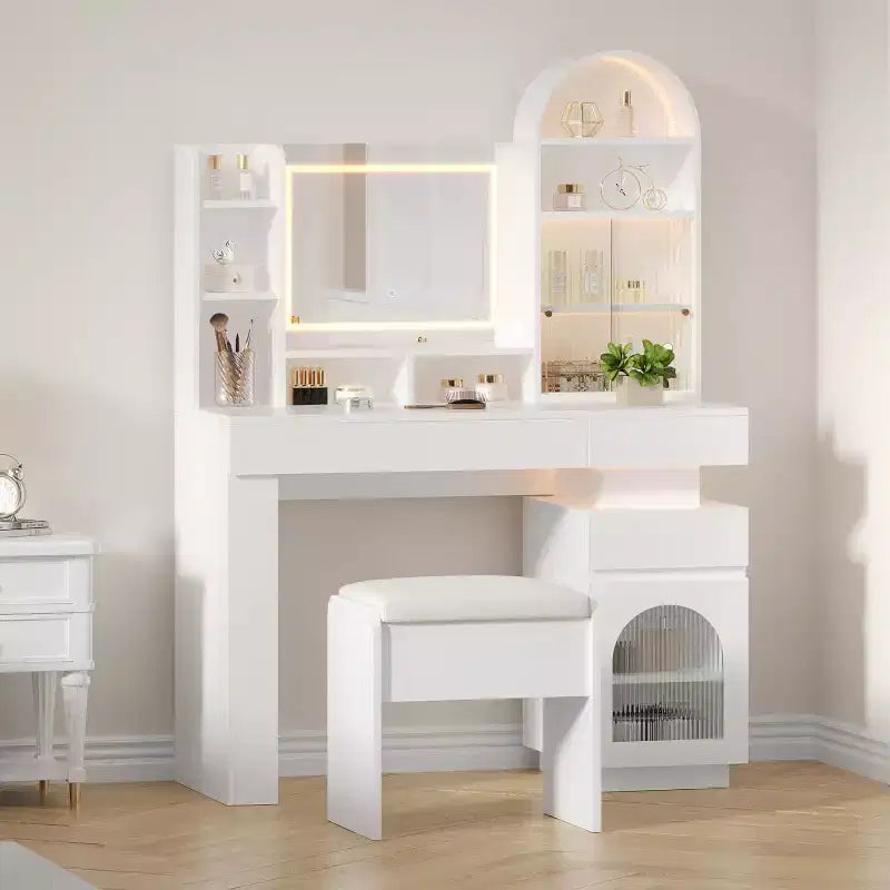 Coiffeuse avec miroir lumineux, table de maquillage avec 3 tiroirs de rangement et 11 étagères
