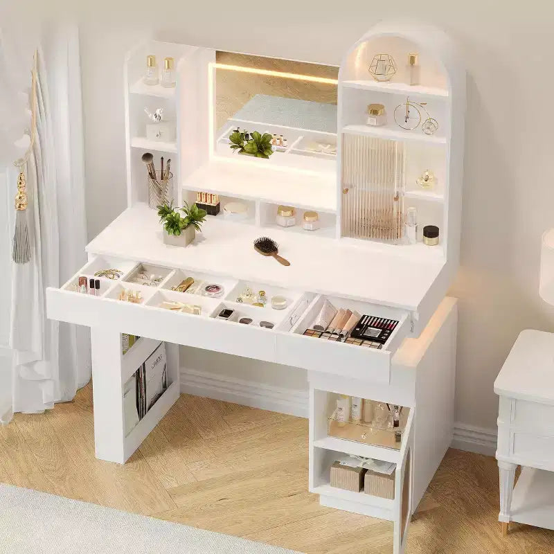 Coiffeuse avec miroir lumineux, table de maquillage avec 3 tiroirs de rangement et 11 étagères