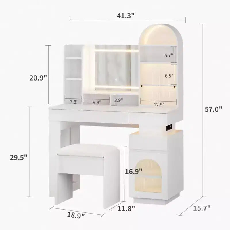 Coiffeuse avec miroir lumineux, table de maquillage avec 3 tiroirs de rangement et 11 étagères
