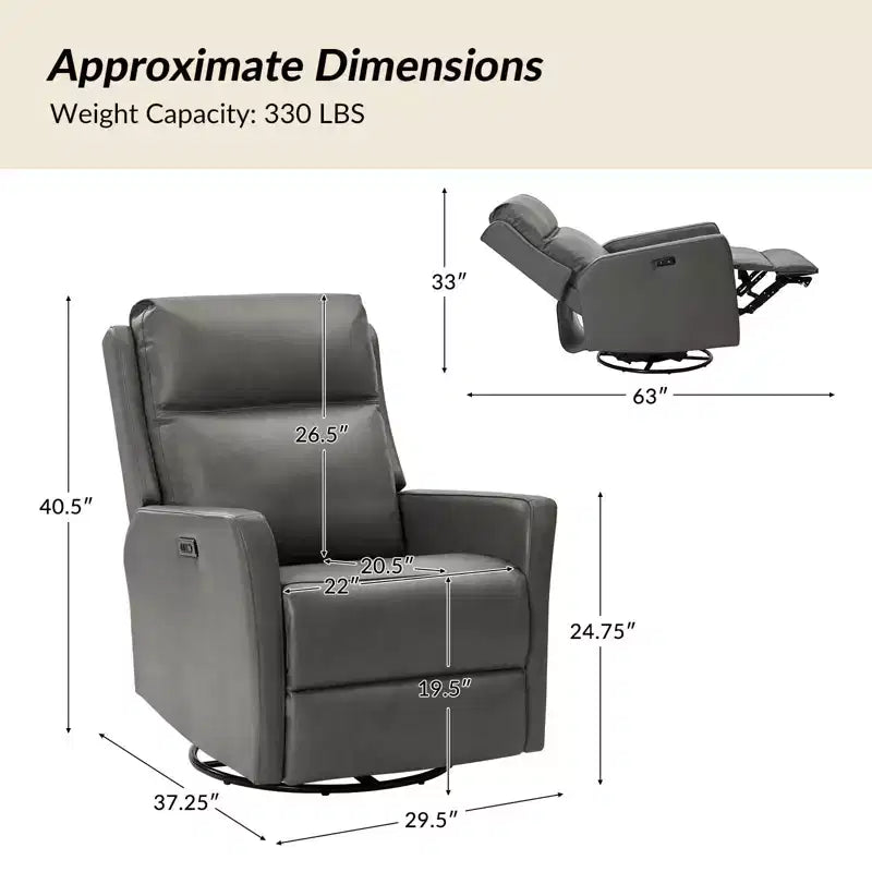 Fauteuil inclinable électrique transitoire en cuir véritable Mario avec ports USB | ART OF LIVING DESIGNS-GRIS