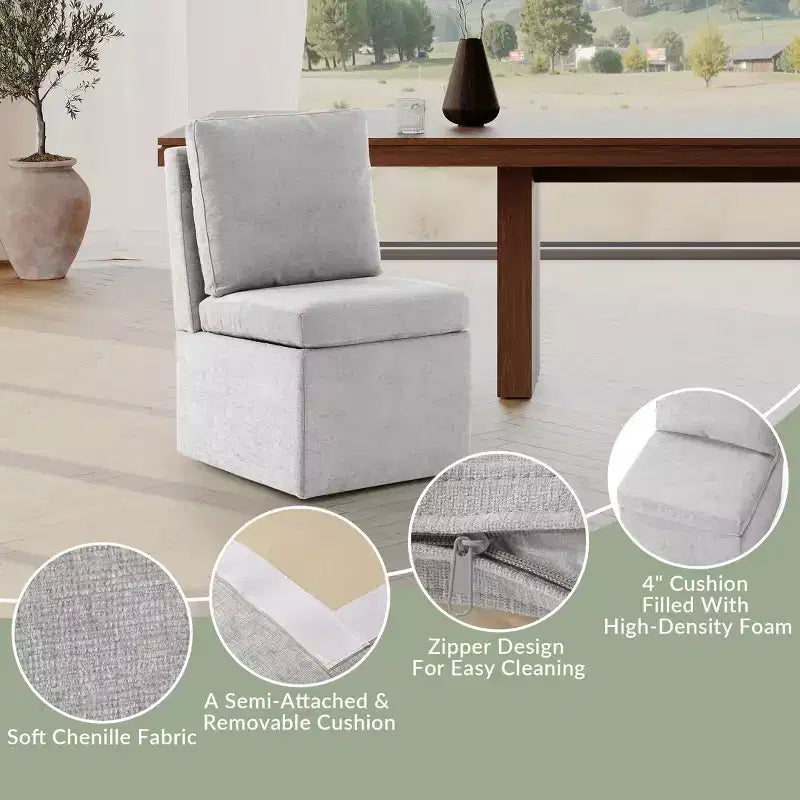 WestinTrends Soho Chaises de salle à manger modernes en chenille capitonnée sans accoudoirs avec roulettes (lot de 2), Gris clair
