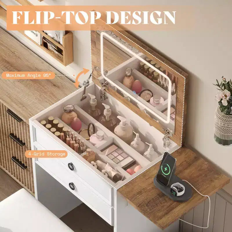 AMERLIFE Coiffeuse 3 en 1 avec Tabouret Coulissant, Panneau Pliant et Lumière LED Réglable