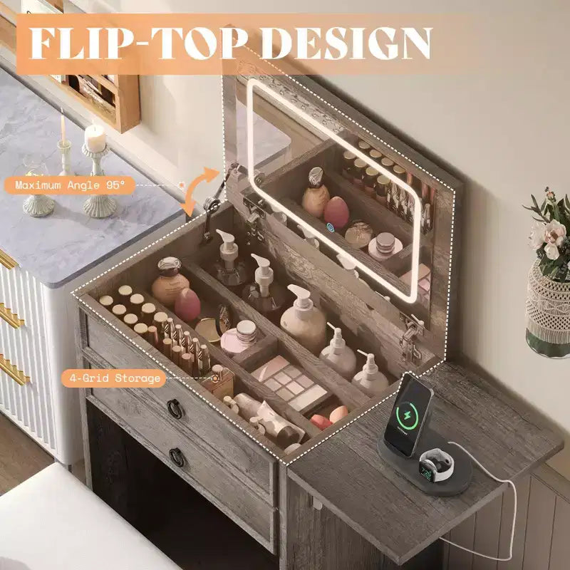 AMERLIFE Coiffeuse 3 en 1 avec Tabouret Coulissant, Panneau Pliant et Lumière LED Réglable