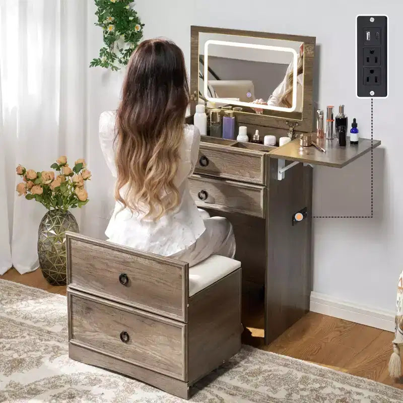 AMERLIFE 3-in-1 Makeup Vanity with Sliding Stool, Fold-up Panel and with Adjustable LED Light