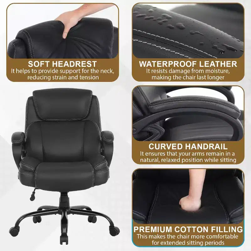 BestMassage Chaise de bureau grande taille pour ordinateur avec accoudoirs, noire