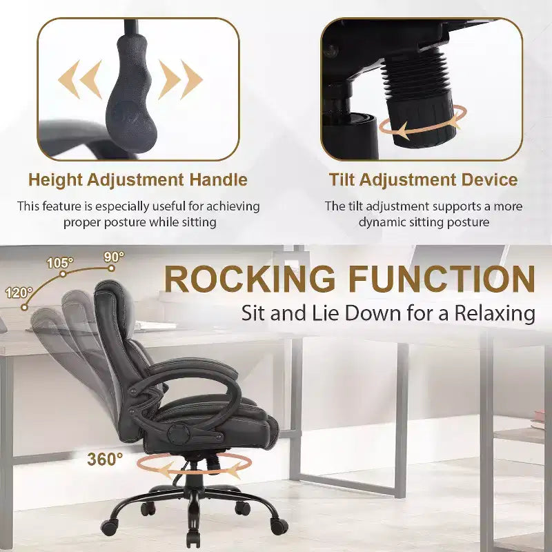 BestMassage Chaise de bureau grande taille pour ordinateur avec accoudoirs, noire