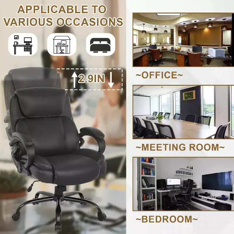 BestMassage Chaise de bureau grande taille pour ordinateur avec accoudoirs, noire