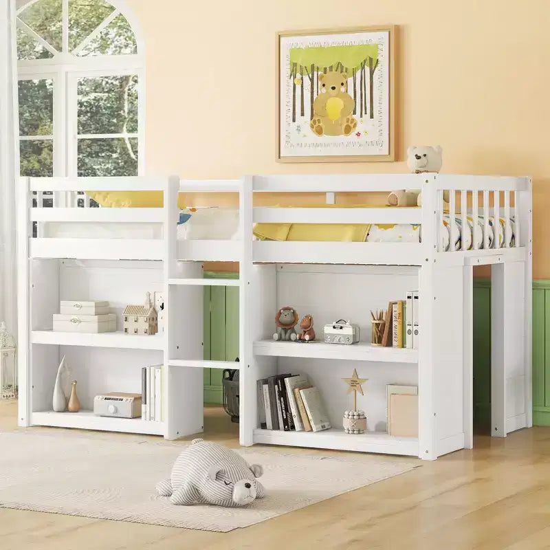 Lit mezzanine Okak taille double avec étagères et lumières LED, lit mezzanine compact taille double avec rangement et aire de jeux, lit superposé bas robuste pour enfants