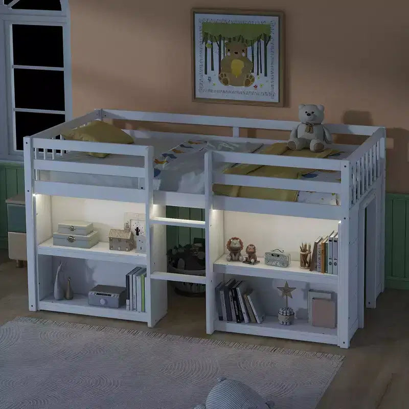 Lit mezzanine Okak taille double avec étagères et lumières LED, lit mezzanine compact taille double avec rangement et aire de jeux, lit superposé bas robuste pour enfants