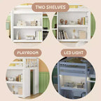 Lit mezzanine Okak taille double avec étagères et lumières LED, lit mezzanine compact taille double avec rangement et aire de jeux, lit superposé bas robuste pour enfants