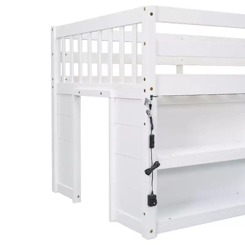 Lit mezzanine Okak taille double avec étagères et lumières LED, lit mezzanine compact taille double avec rangement et aire de jeux, lit superposé bas robuste pour enfants