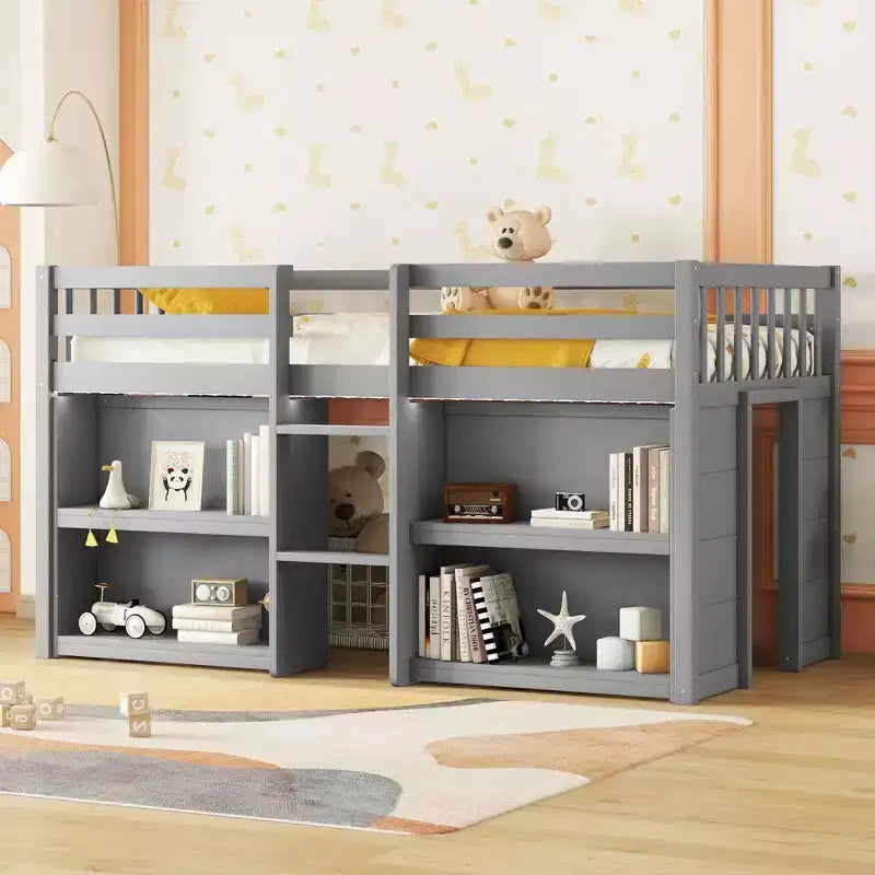 Lit mezzanine Okak taille double avec étagères et lumières LED, lit mezzanine compact taille double avec rangement et aire de jeux, lit superposé bas robuste pour enfants