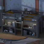 Lit mezzanine Okak taille double avec étagères et lumières LED, lit mezzanine compact taille double avec rangement et aire de jeux, lit superposé bas robuste pour enfants