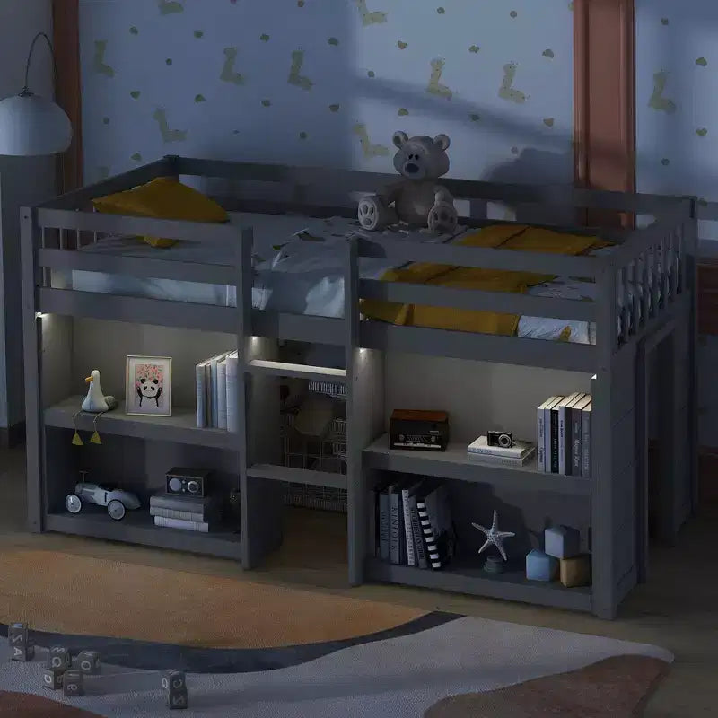 Lit mezzanine Okak taille double avec étagères et lumières LED, lit mezzanine compact taille double avec rangement et aire de jeux, lit superposé bas robuste pour enfants