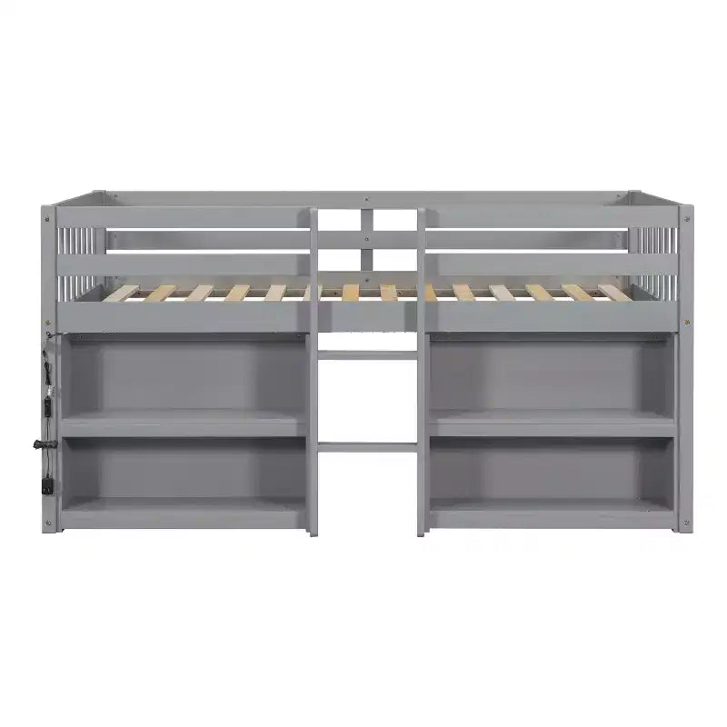 Lit mezzanine Okak taille double avec étagères et lumières LED, lit mezzanine compact taille double avec rangement et aire de jeux, lit superposé bas robuste pour enfants