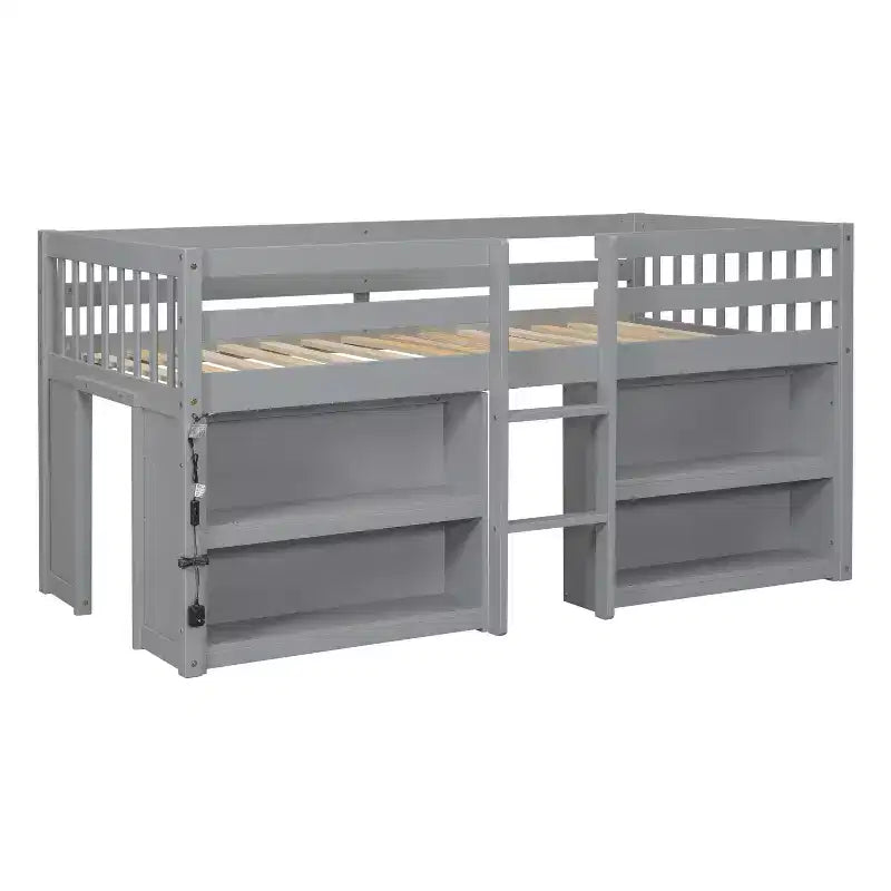 Lit mezzanine Okak taille double avec étagères et lumières LED, lit mezzanine compact taille double avec rangement et aire de jeux, lit superposé bas robuste pour enfants