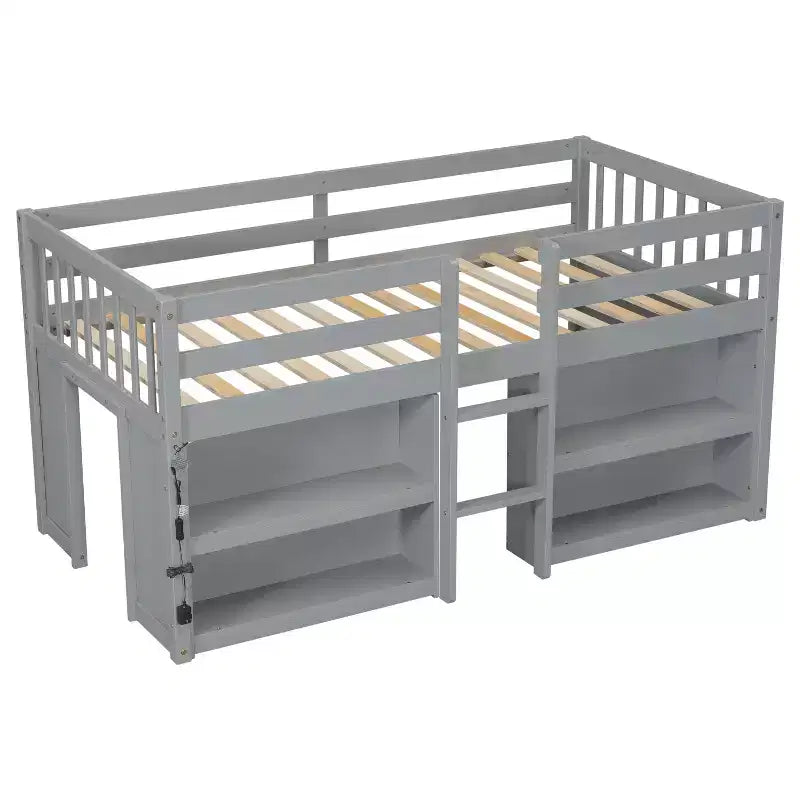 Lit mezzanine Okak taille double avec étagères et lumières LED, lit mezzanine compact taille double avec rangement et aire de jeux, lit superposé bas robuste pour enfants