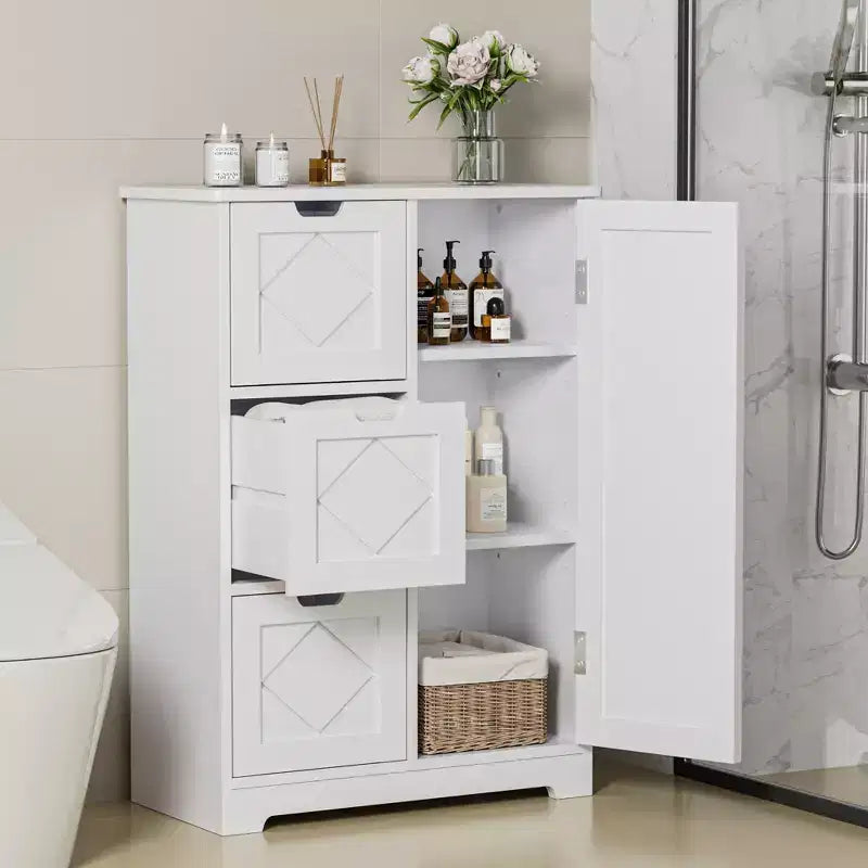 Meuble de Rangement Salle de Bain VECELO, Meuble sur Pied avec 3/4 Tiroirs et 2 Étagères Réglables, Blanc