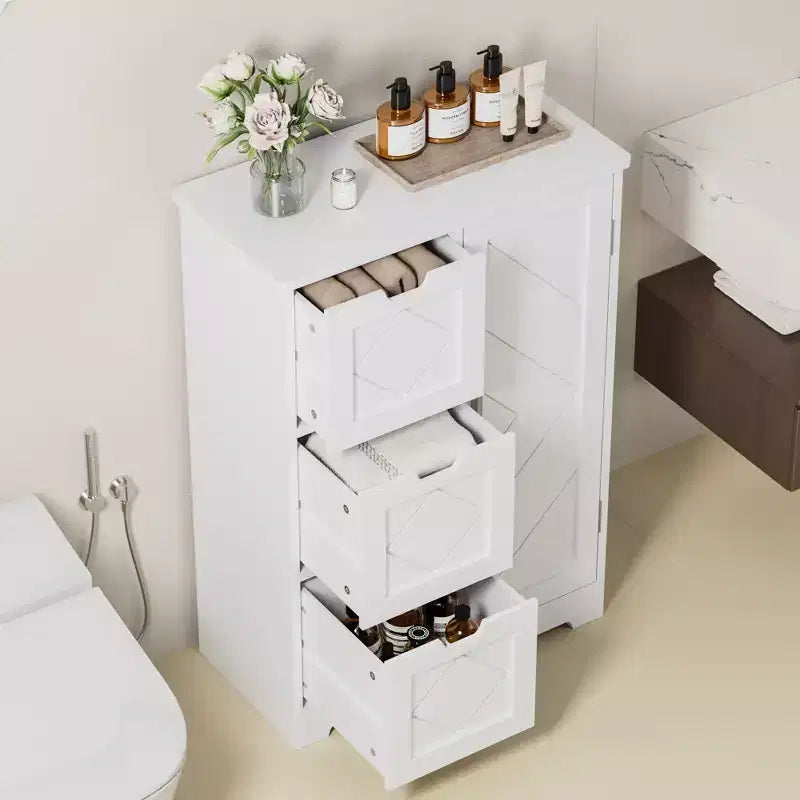 Meuble de Rangement Salle de Bain VECELO, Meuble sur Pied avec 3/4 Tiroirs et 2 Étagères Réglables, Blanc