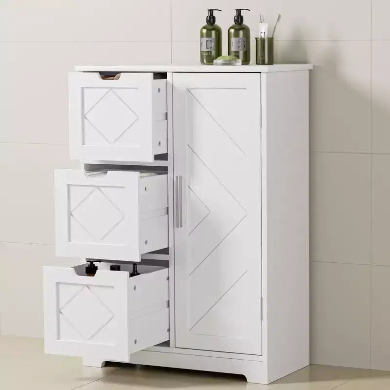 Meuble de Rangement Salle de Bain VECELO, Meuble sur Pied avec 3/4 Tiroirs et 2 Étagères Réglables, Blanc