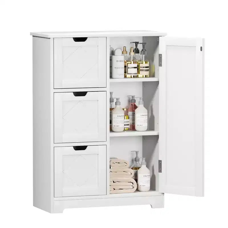 Meuble de Rangement Salle de Bain VECELO, Meuble sur Pied avec 3/4 Tiroirs et 2 Étagères Réglables, Blanc
