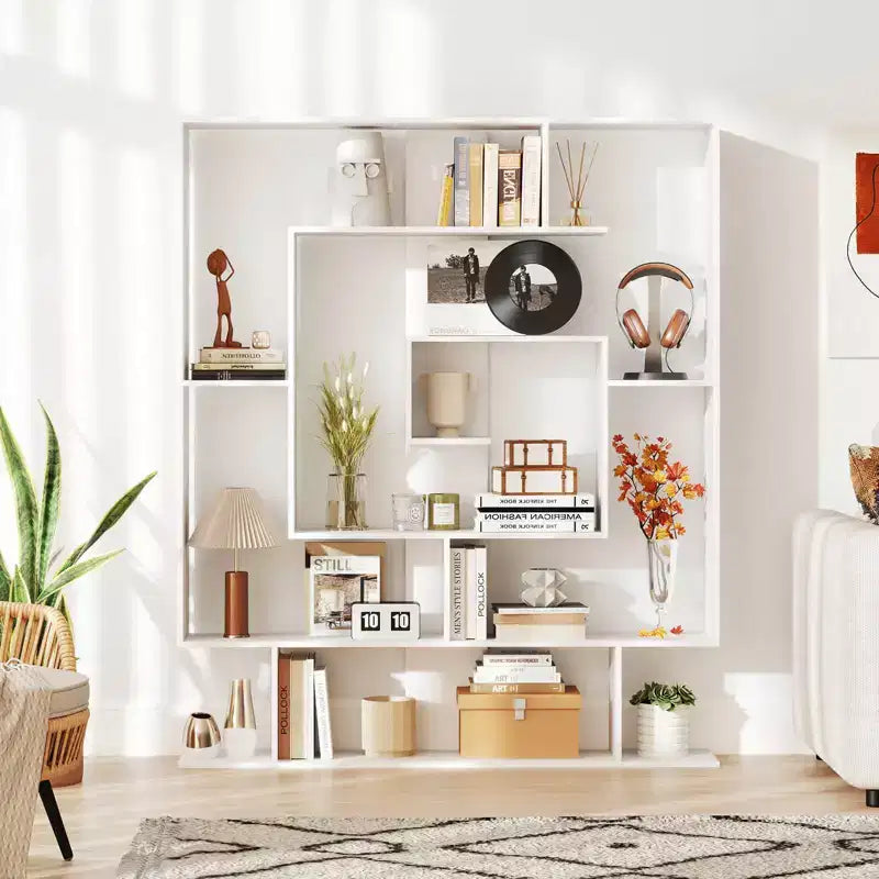 Costway Bibliothèque géométrique à 7 niveaux avec 2 kits anti-basculement Marron rustique/blanc