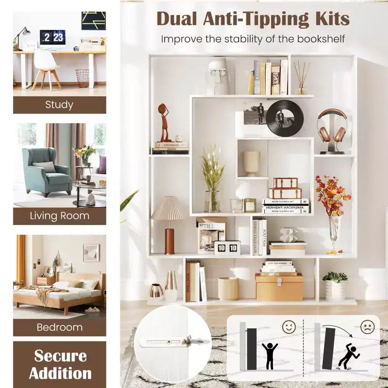 Costway Bibliothèque géométrique à 7 niveaux avec 2 kits anti-basculement Marron rustique/blanc