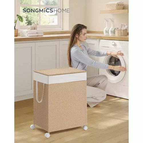 2-Compartment Rolling Laundry Hamper, 100L Capacity, Rattan-Style with Lid, Removable Washable Liner, Natural Beige and Matte White