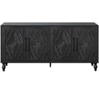 HomeRoots 68 Black Distressed Carved Floral Sideboard with Four Doors