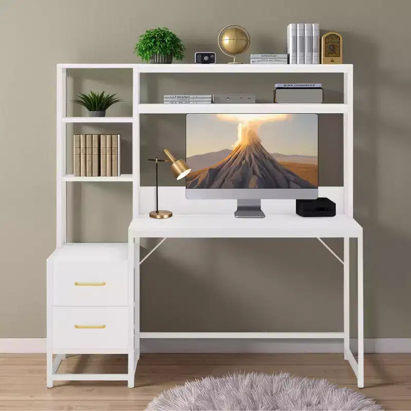 MAYEERTY Bureau d'ordinateur tout-en-un, poste de travail multifonctionnel avec 2 tiroirs, étagère supérieure et étagères de rangement, style industriel