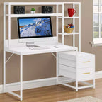 MAYEERTY Bureau d'ordinateur tout-en-un, poste de travail multifonctionnel avec 2 tiroirs, étagère supérieure et étagères de rangement, style industriel