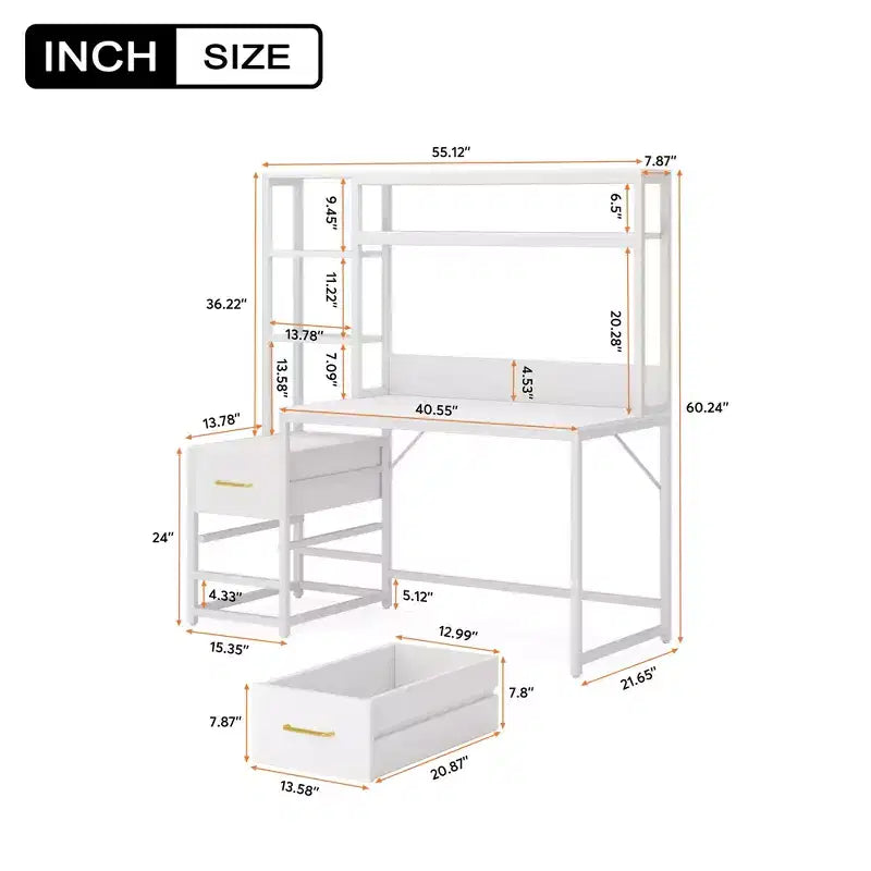 MAYEERTY Bureau d'ordinateur tout-en-un, poste de travail multifonctionnel avec 2 tiroirs, étagère supérieure et étagères de rangement, style industriel
