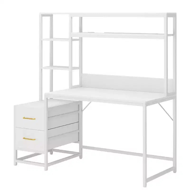 MAYEERTY Bureau d'ordinateur tout-en-un, poste de travail multifonctionnel avec 2 tiroirs, étagère supérieure et étagères de rangement, style industriel