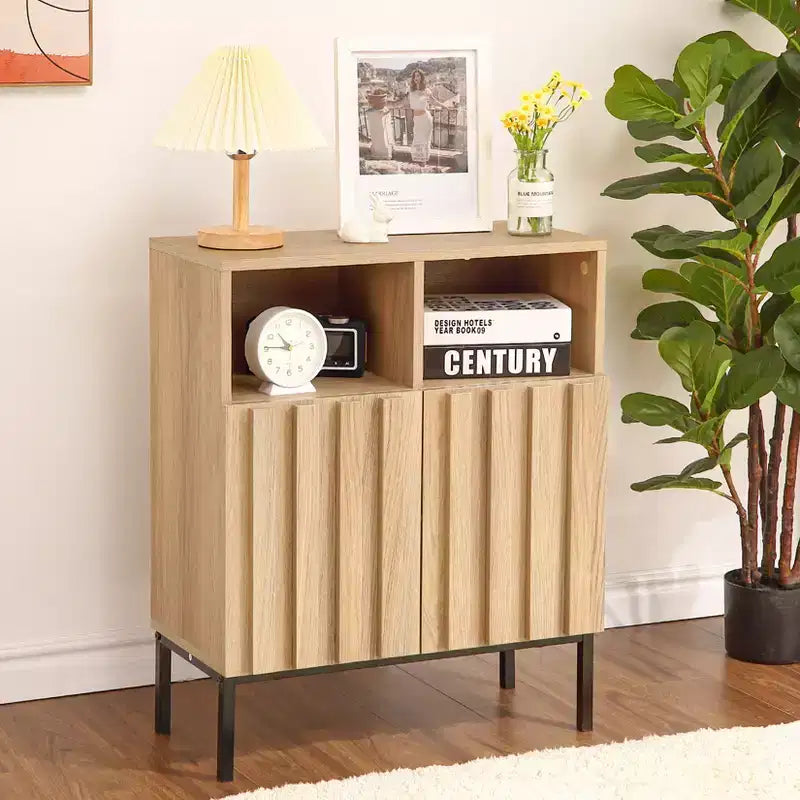 Industrial-Rustic Storage Cabinet  Wavy Oak-Effect Doors, Iron Frame & Adjustable Shelves for Living Room, Entryway, or Bedroom