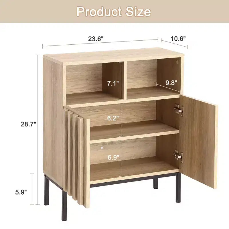 Meuble de rangement industriel-rustique avec portes à effet chêne ondulé, cadre en fer et étagères réglables pour le salon, l'entrée ou la chambre à coucher