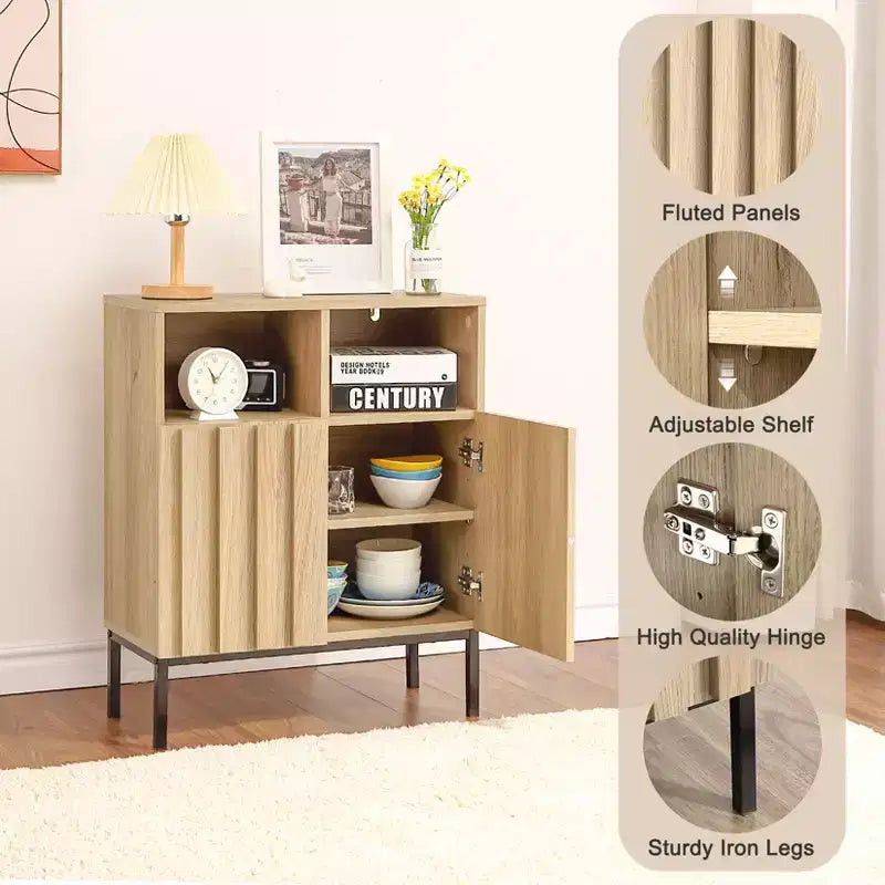 Meuble de rangement industriel-rustique avec portes à effet chêne ondulé, cadre en fer et étagères réglables pour le salon, l'entrée ou la chambre à coucher