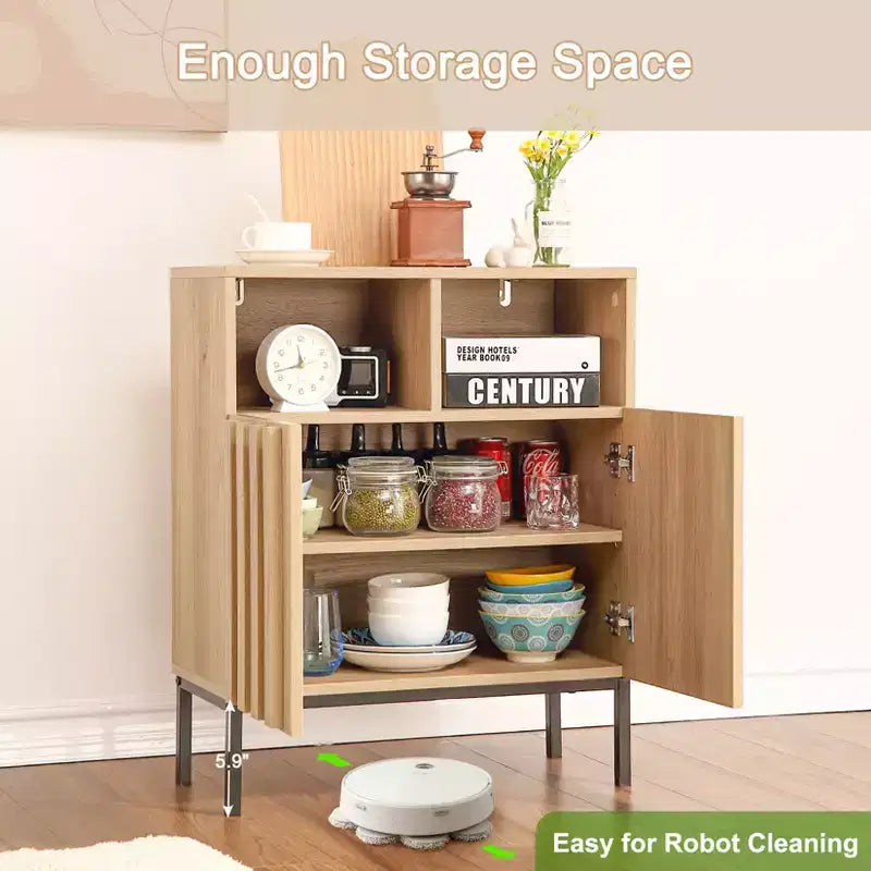 Meuble de rangement industriel-rustique avec portes à effet chêne ondulé, cadre en fer et étagères réglables pour le salon, l'entrée ou la chambre à coucher