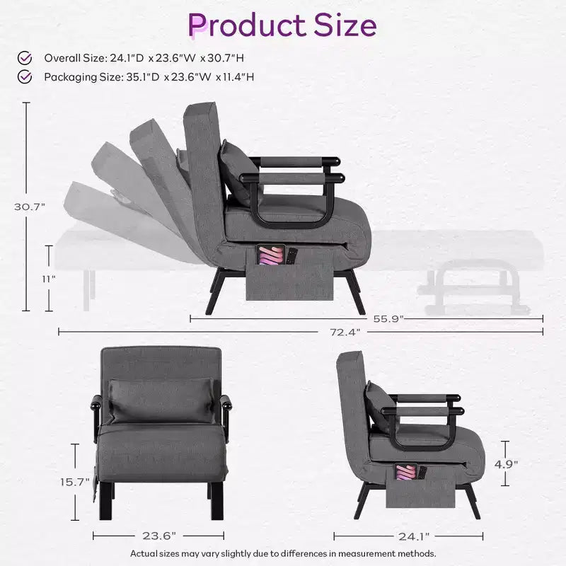 Fauteuil convertible TYBOATLE pour adultes avec dossier réglable sur 5 positions et oreiller, canapé-lit futon individuel confortable pour appartement, bureau