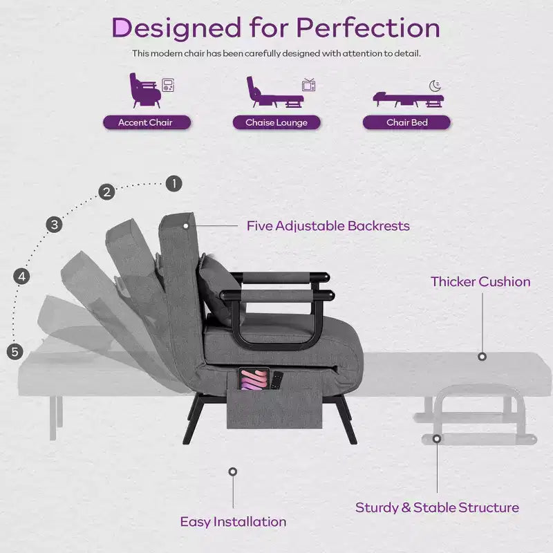 Fauteuil convertible TYBOATLE pour adultes avec dossier réglable sur 5 positions et oreiller, canapé-lit futon individuel confortable pour appartement, bureau