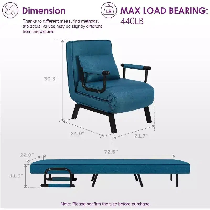Fauteuil convertible TYBOATLE pour adultes avec dossier réglable sur 5 positions et oreiller, canapé-lit futon individuel confortable pour appartement, bureau