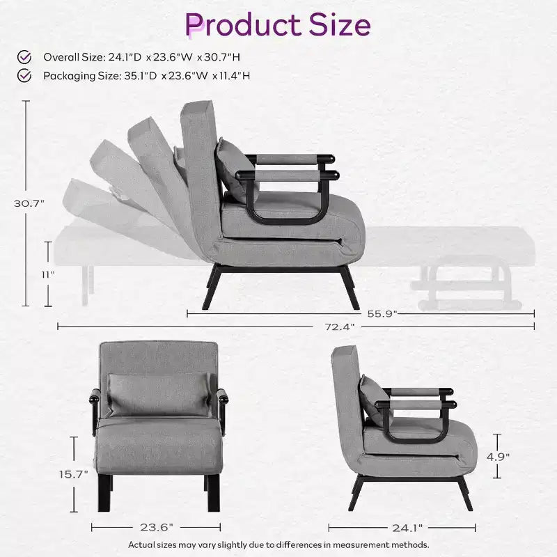 Fauteuil convertible TYBOATLE pour adultes avec dossier réglable sur 5 positions et oreiller, canapé-lit futon individuel confortable pour appartement, bureau