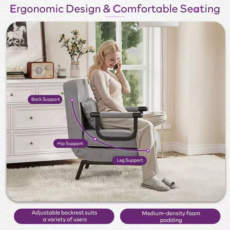 Fauteuil convertible TYBOATLE pour adultes avec dossier réglable sur 5 positions et oreiller, canapé-lit futon individuel confortable pour appartement, bureau