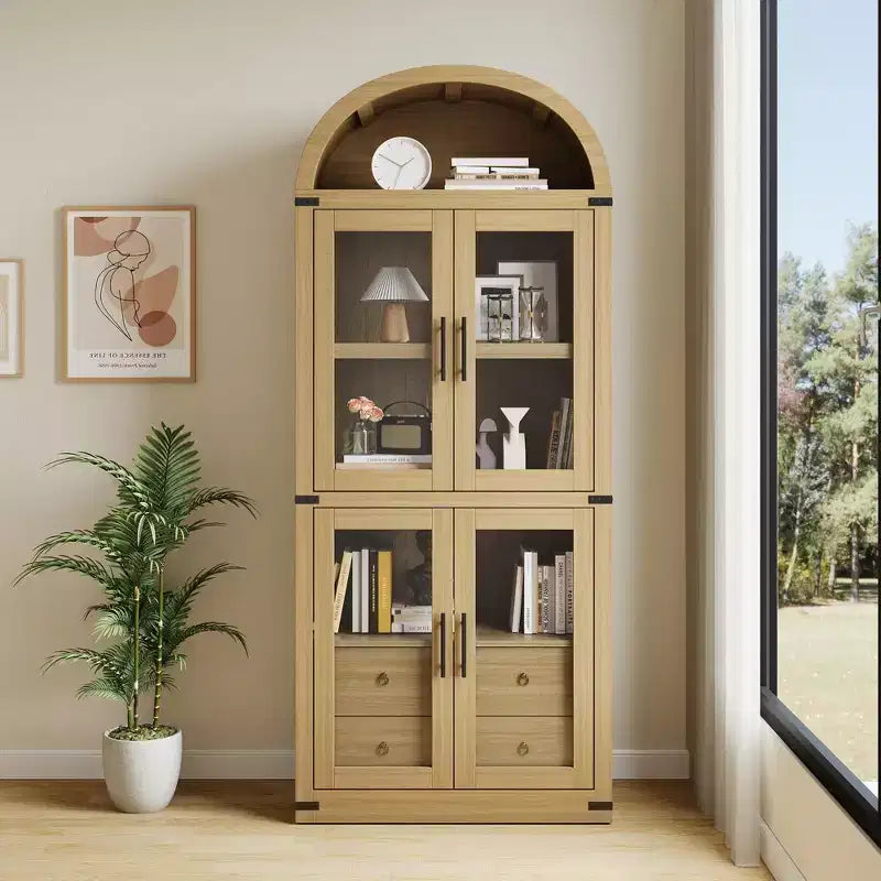 Bibliothèque arquée de 181 cm de haut avec portes et tiroirs - Vitrine en bois de 40 cm de profondeur, bibliothèques arrondies de style ferme pour salon et cuisine