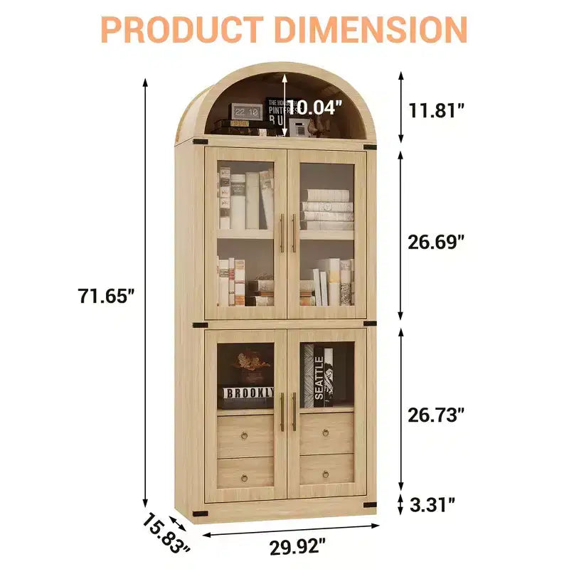 Bibliothèque arquée de 181 cm de haut avec portes et tiroirs - Vitrine en bois de 40 cm de profondeur, bibliothèques arrondies de style ferme pour salon et cuisine