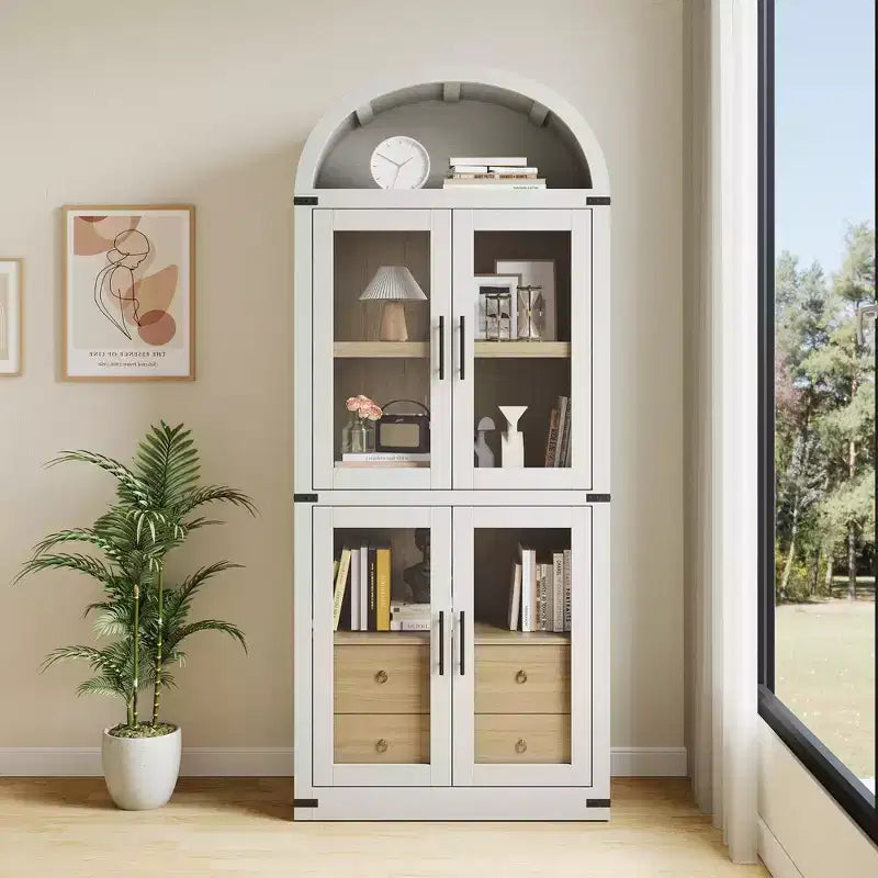 Bibliothèque arquée de 181 cm de haut avec portes et tiroirs - Vitrine en bois de 40 cm de profondeur, bibliothèques arrondies de style ferme pour salon et cuisine