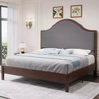 AMERLIFE Wood Bed Frame with Tall Upholstered Curved Headboard, Solid Wood Platform, No Box Spring Needed, Wood Slat Support