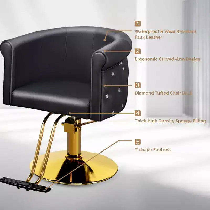 Chaise de coiffeur de salon Karl Home Noire Dorée Moderne Hydraulique Robuste Pivotante avec Dossier Incurvé