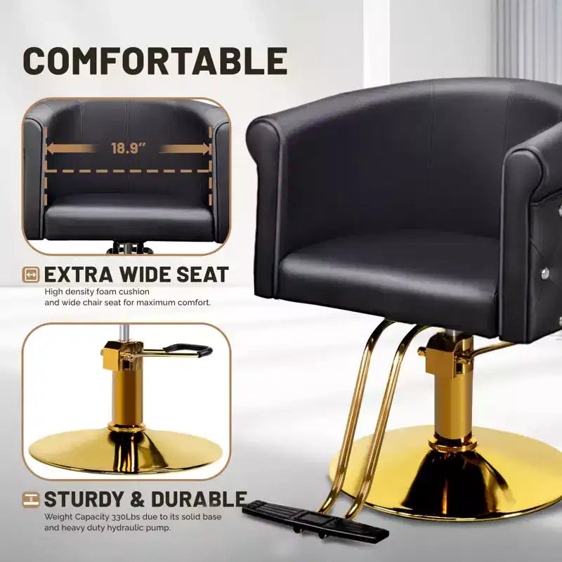 Chaise de coiffeur de salon Karl Home Noire Dorée Moderne Hydraulique Robuste Pivotante avec Dossier Incurvé